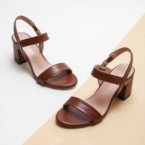 Brown Leather Block Heel Slingback Sandals
